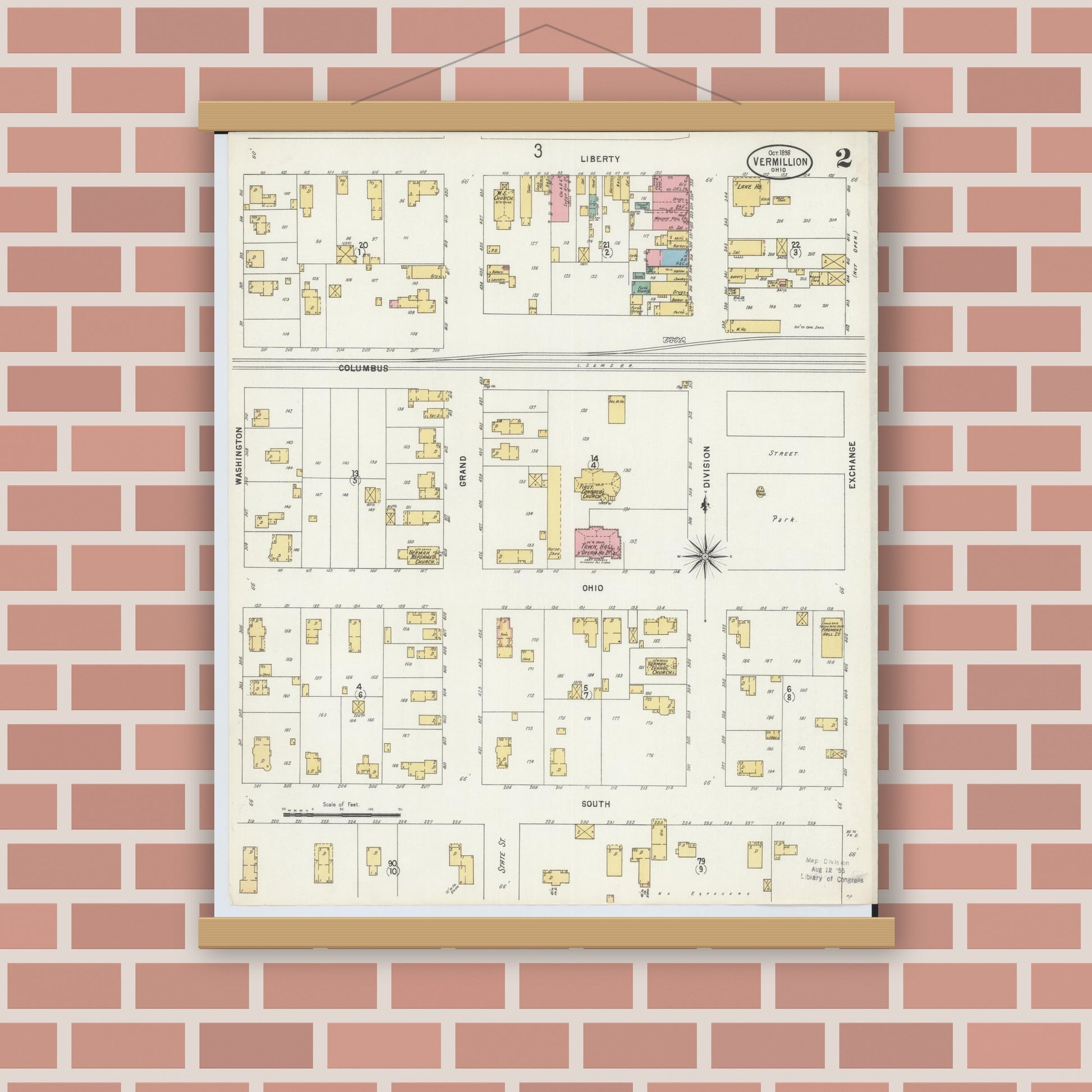 Old map wall art mockup — magnetic wood frame on brick wall — Sanborn Fire Insurance Map from Vermillion, Erie County, Ohio (1898), Sheet #0002
