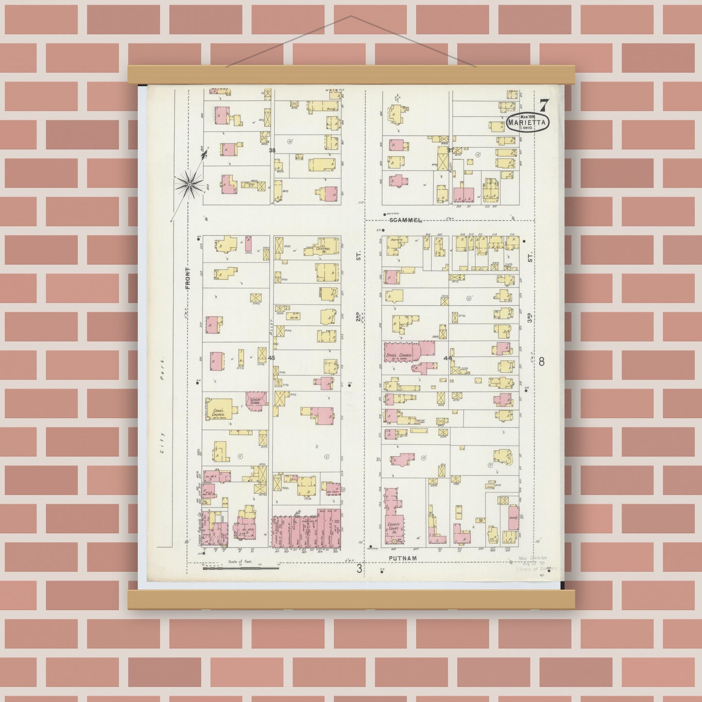 Old map wall art mockup — magnetic wood frame on brick wall — Sanborn Fire Insurance Map from Marietta, Washington County, Ohio (1896), Sheet #0007