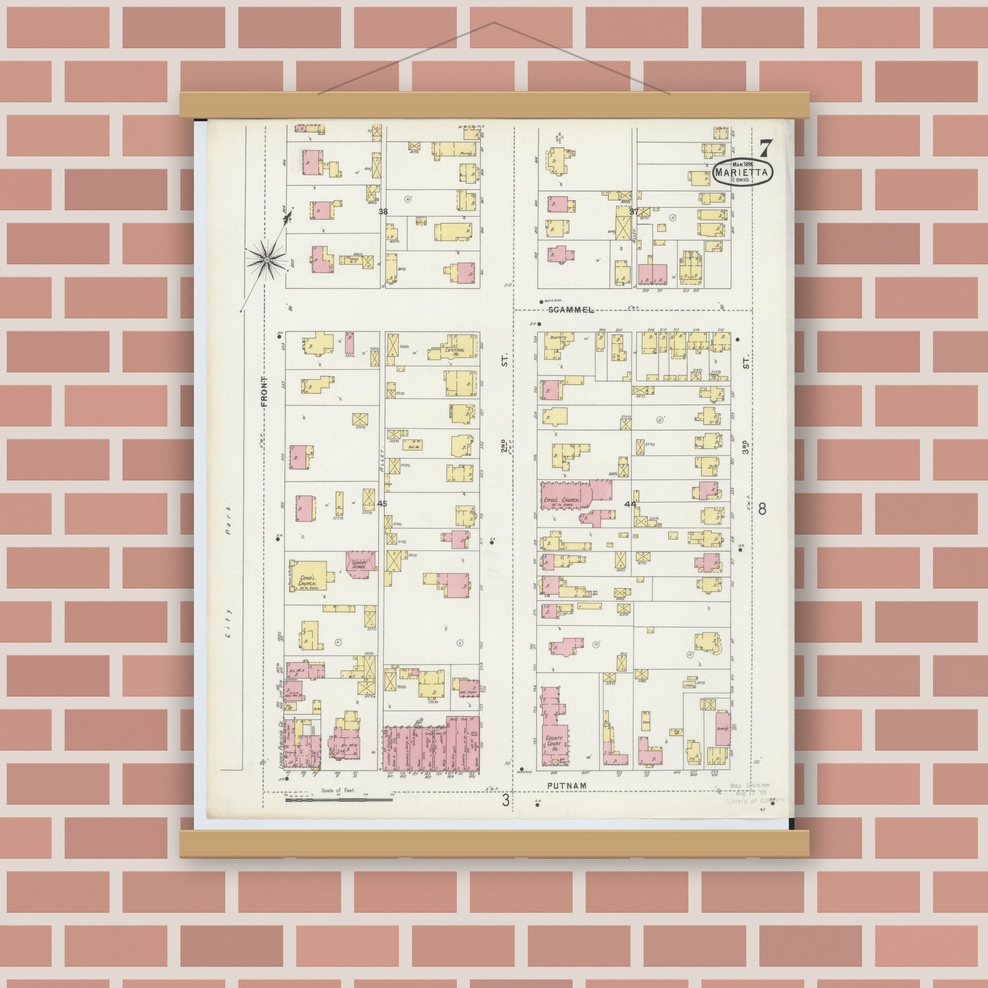 Old map wall art mockup — magnetic wood frame on brick wall — Sanborn Fire Insurance Map from Marietta, Washington County, Ohio (1896), Sheet #0007