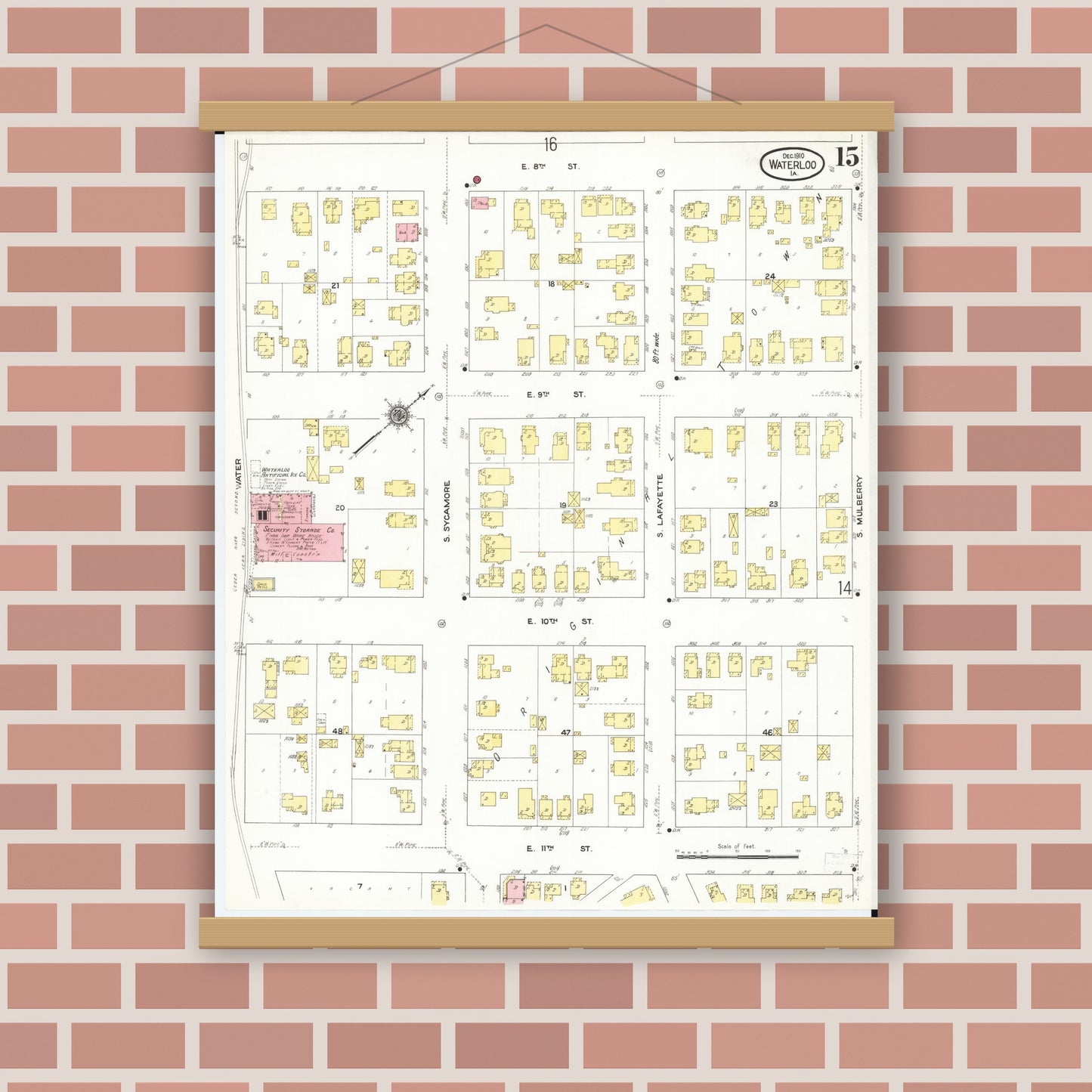 Old map wall art mockup — magnetic wood frame on brick wall — Sanborn Fire Insurance Map from Waterloo, Black Hawk County, Iowa (1910), Sheet #0015