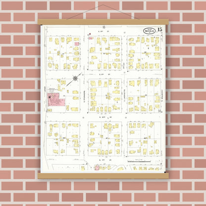 Old map wall art mockup — magnetic wood frame on brick wall — Sanborn Fire Insurance Map from Waterloo, Black Hawk County, Iowa (1910), Sheet #0015