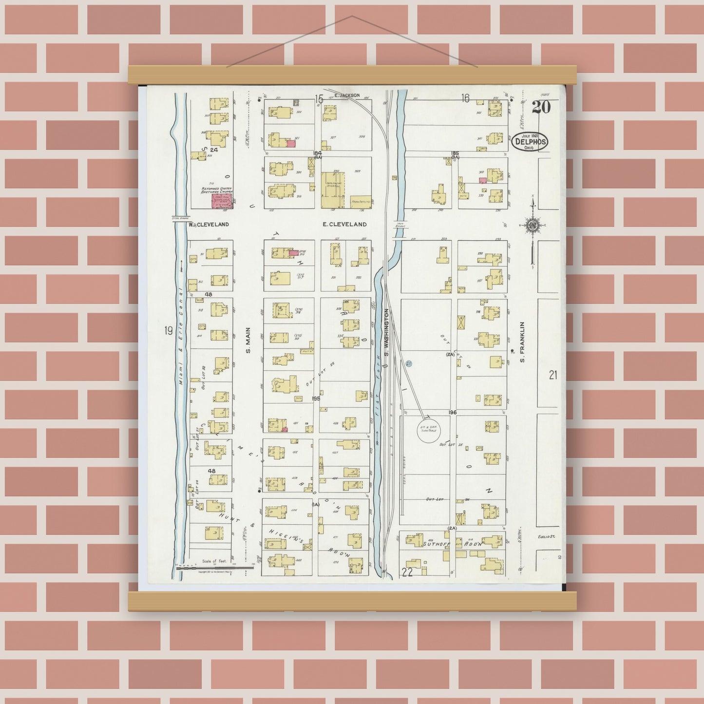 Old map wall art mockup — magnetic wood frame on brick wall — Sanborn Fire Insurance Map from Delphos, Van Wert And Allen Counties, Ohio (1921), Sheet #0020