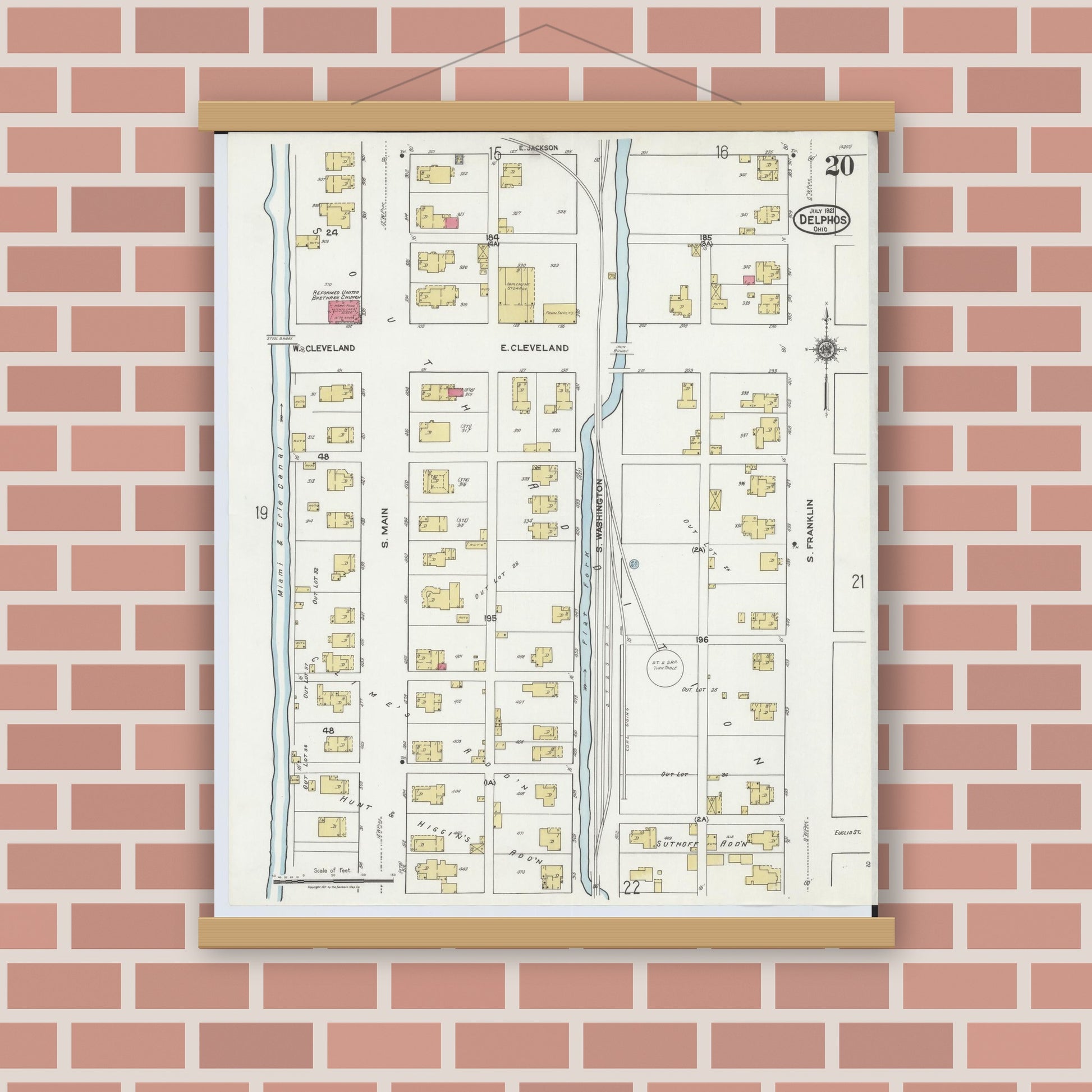 Old map wall art mockup — magnetic wood frame on brick wall — Sanborn Fire Insurance Map from Delphos, Van Wert And Allen Counties, Ohio (1921), Sheet #0020