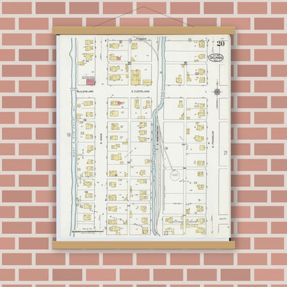 Old map wall art mockup — magnetic wood frame on brick wall — Sanborn Fire Insurance Map from Delphos, Van Wert And Allen Counties, Ohio (1921), Sheet #0020