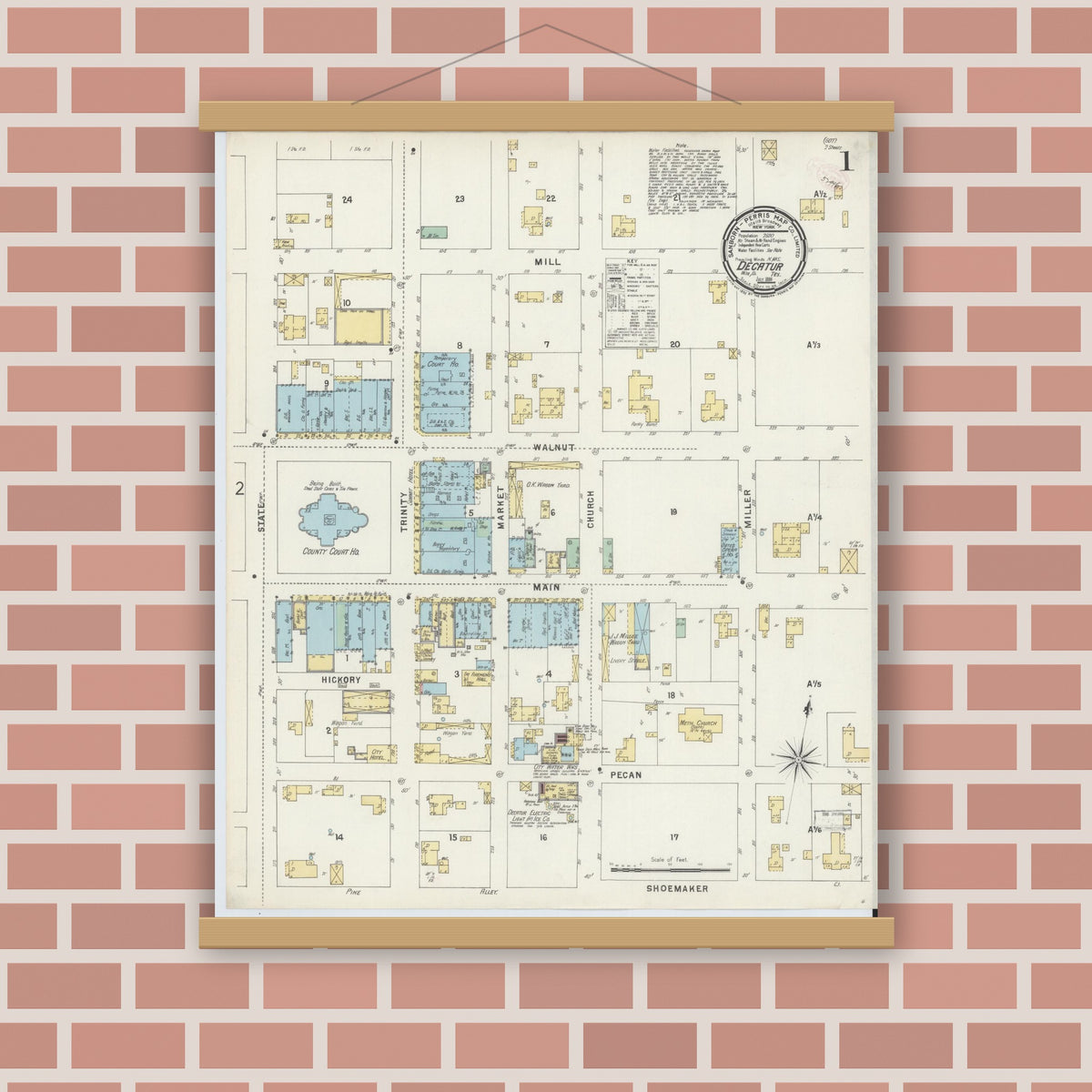 Old map wall art mockup — magnetic wood frame on brick wall — Sanborn Fire Insurance Map from Decatur, Wise County, Texas (1896) - Complete Map Set