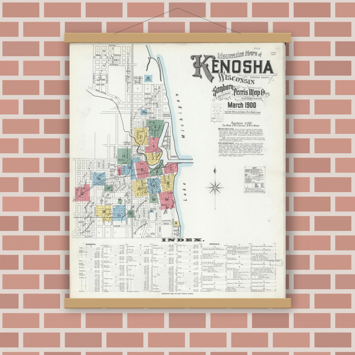 Old map wall art mockup — magnetic wood frame on brick wall — Sanborn Fire Insurance Map from Kenosha, Kenosha County, Wisconsin (1900) - Complete Map Set