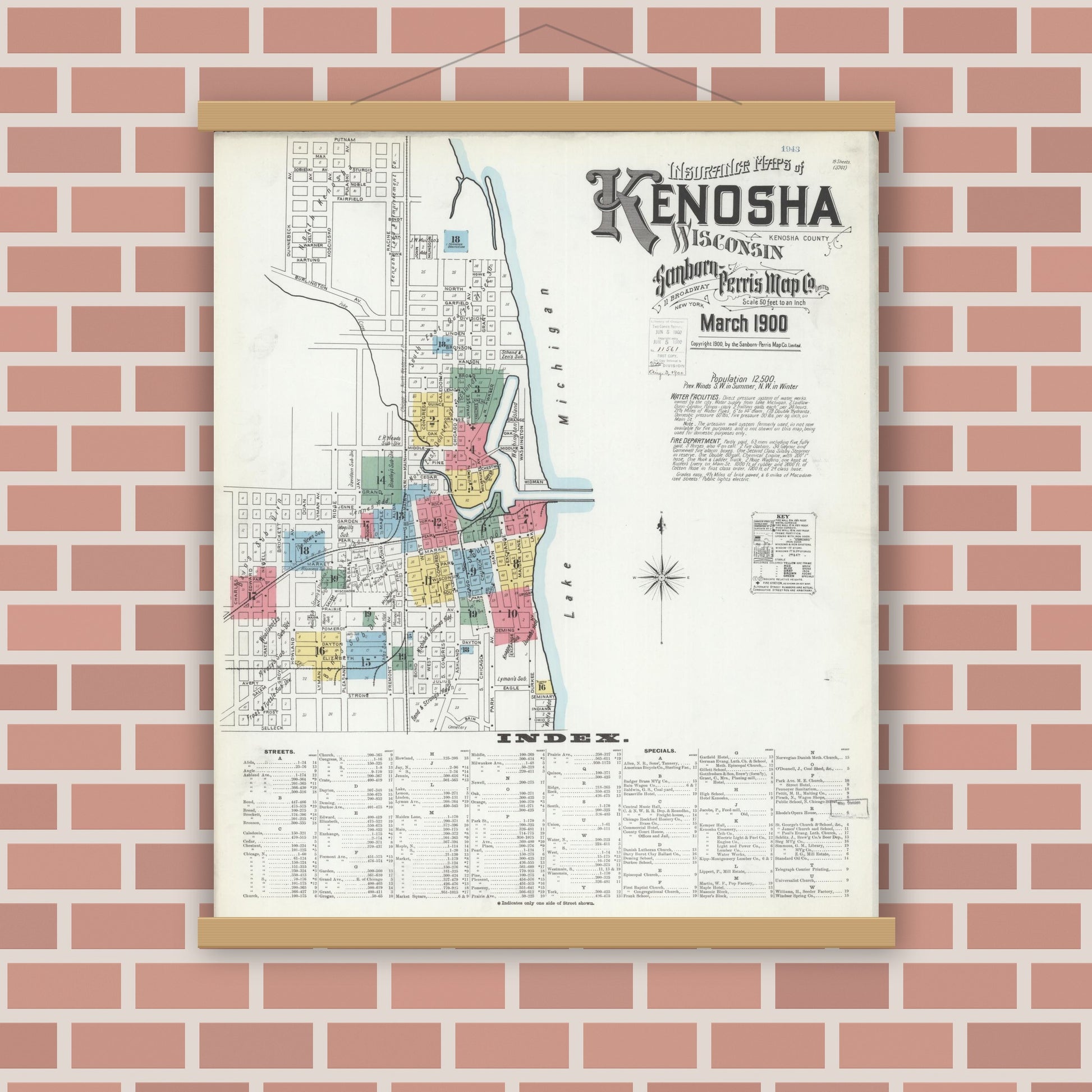 Old map wall art mockup — magnetic wood frame on brick wall — Sanborn Fire Insurance Map from Kenosha, Kenosha County, Wisconsin (1900) - Complete Map Set