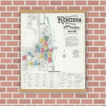 Old map wall art mockup — magnetic wood frame on brick wall — Sanborn Fire Insurance Map from Kenosha, Kenosha County, Wisconsin (1900) - Complete Map Set