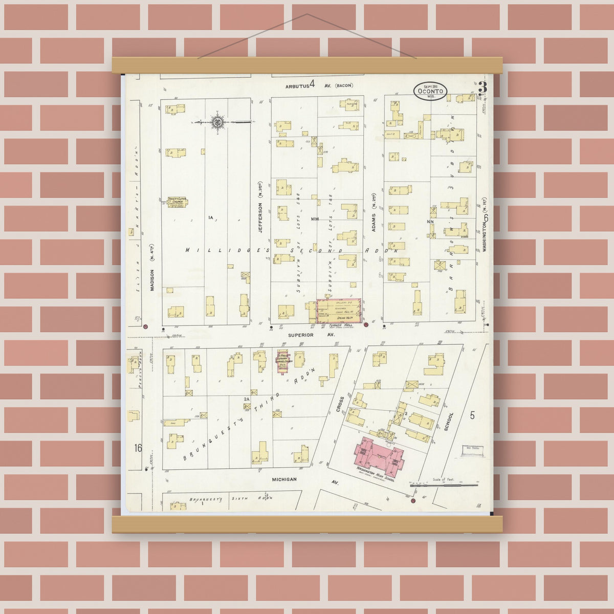 Old map wall art mockup — magnetic wood frame on brick wall — Sanborn Fire Insurance Map from Oconto, Oconto County, Wisconsin (1911), Sheet #0003