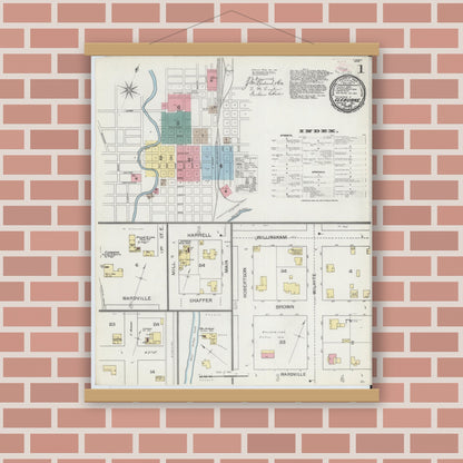 Old map wall art mockup — magnetic wood frame on brick wall — Sanborn Fire Insurance Map from Cleburne, Johnson County, Texas (1893) - Complete Map Set