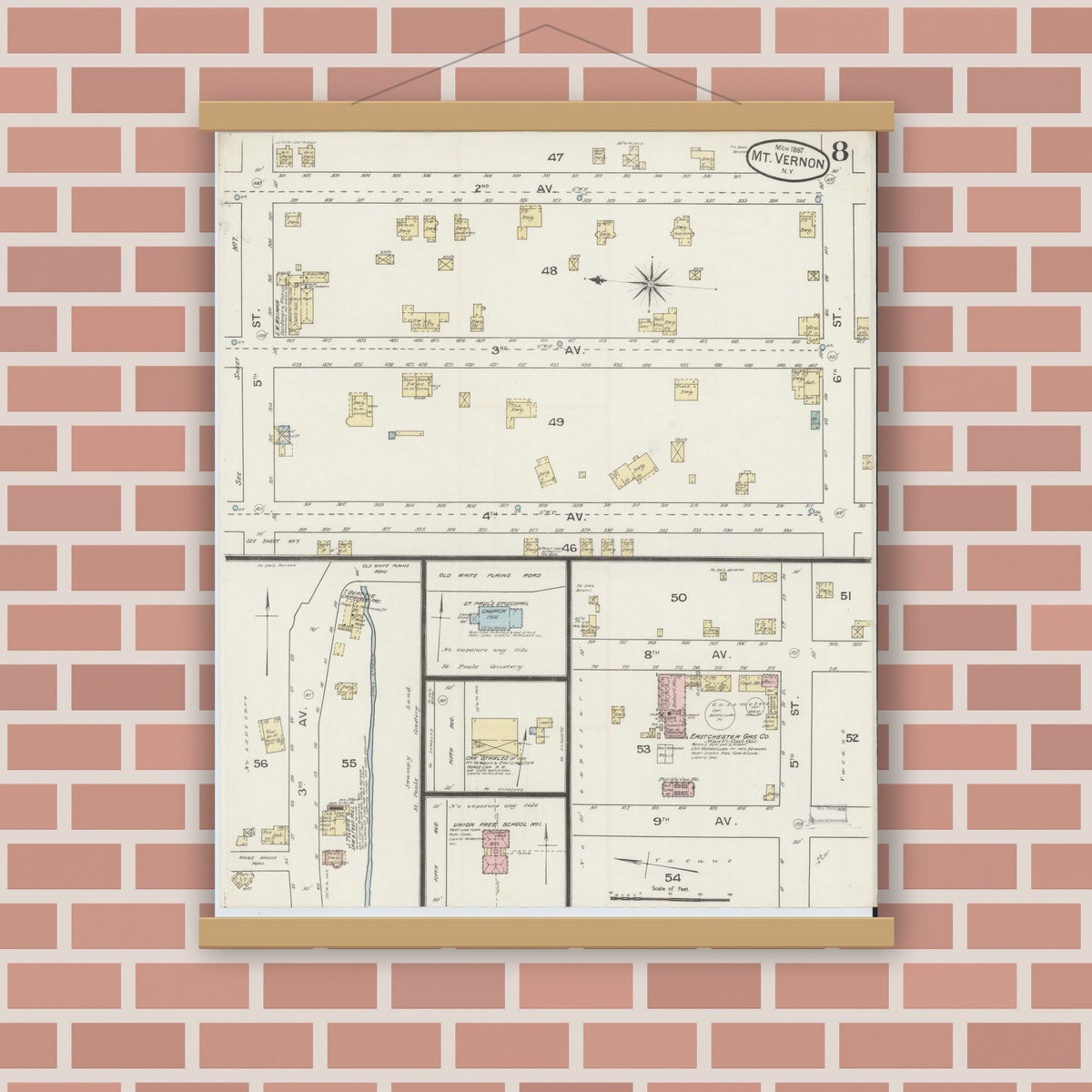 Old map wall art mockup — magnetic wood frame on brick wall — Sanborn Fire Insurance Map from Mount Vernon, Westchester County, New York (1887), Sheet #0008