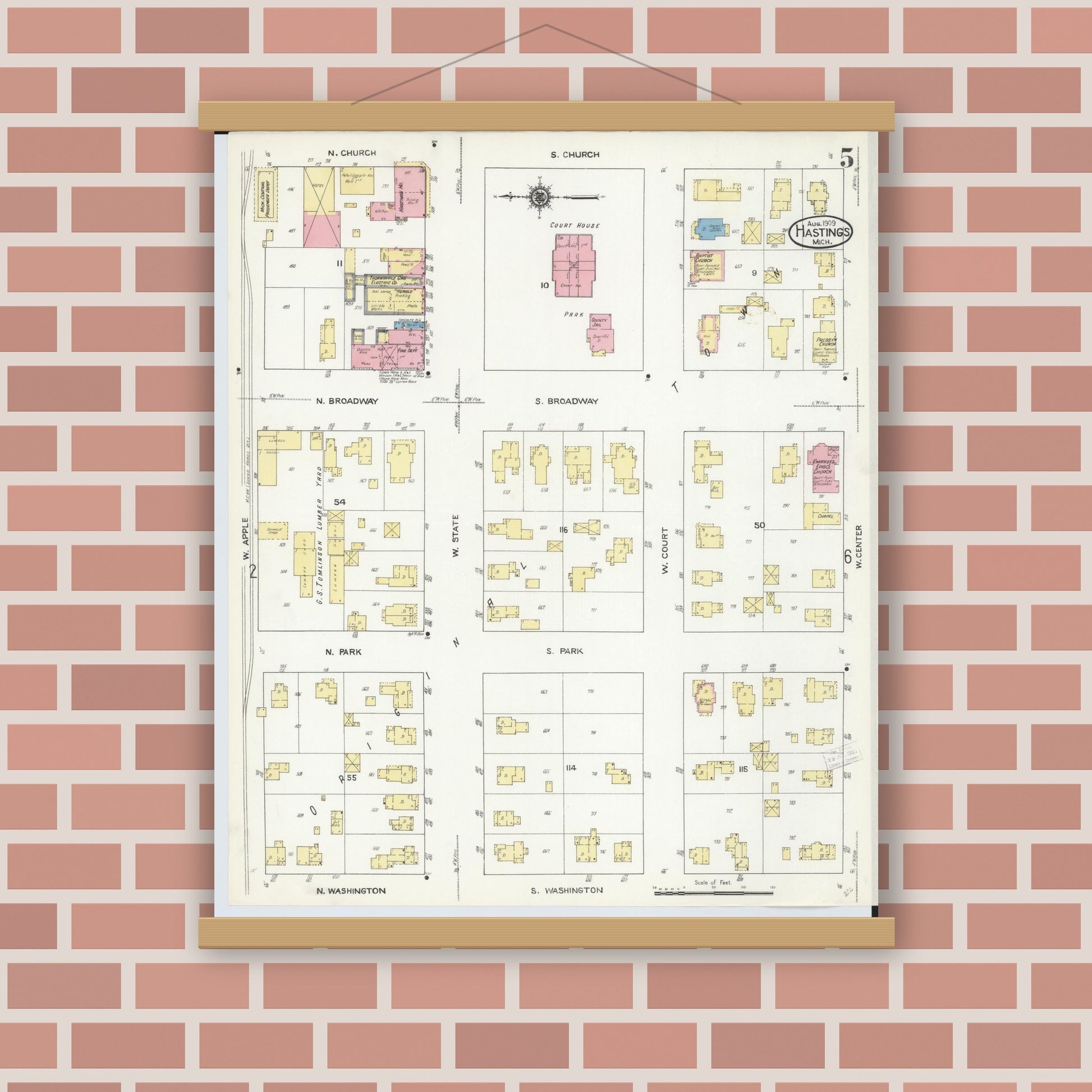 Old map wall art mockup — magnetic wood frame on brick wall — Sanborn Fire Insurance Map from Hastings, Barry County, Michigan (1909), Sheet #0005