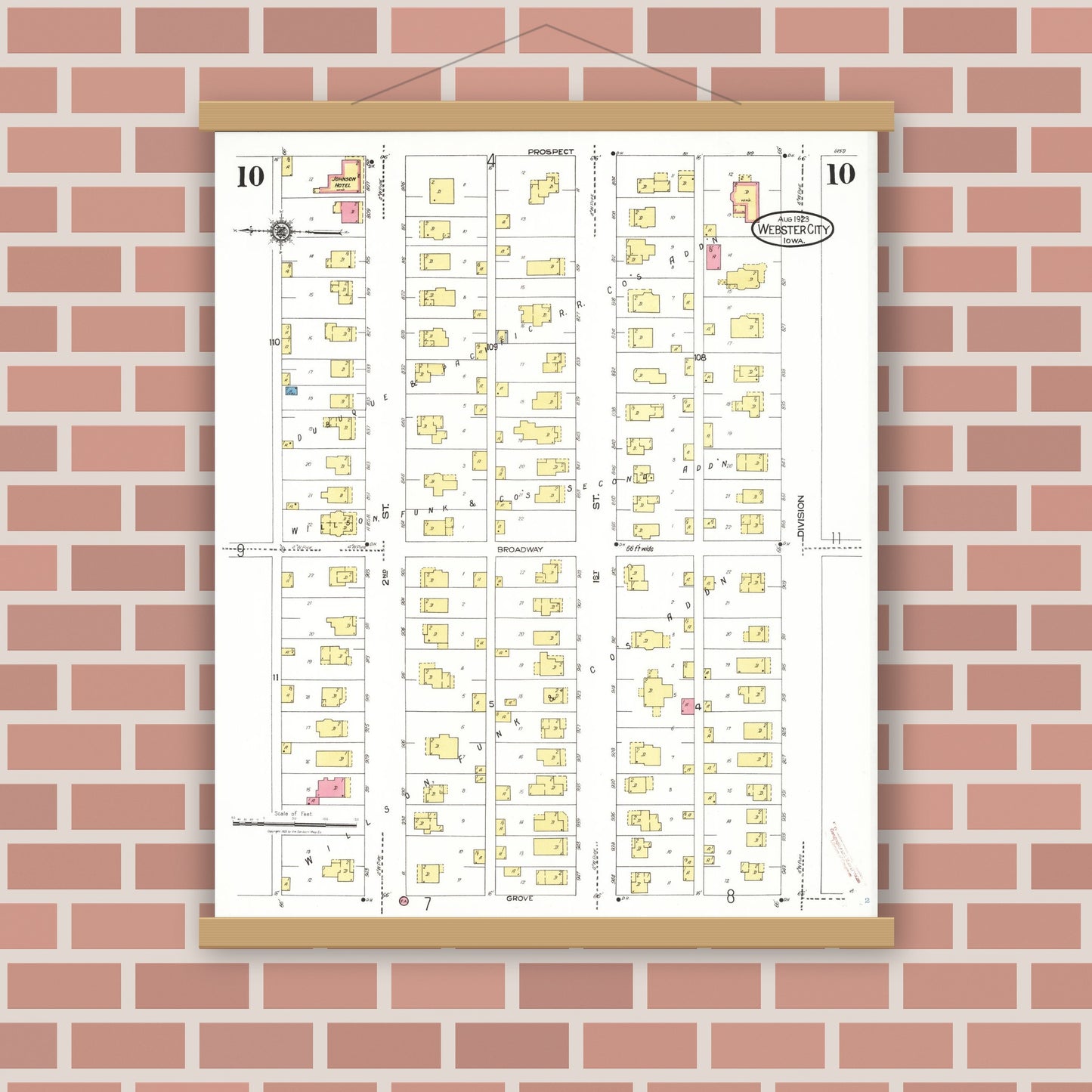 Old map wall art mockup — magnetic wood frame on brick wall — Sanborn Fire Insurance Map from Webster City, Hamilton County, Iowa (1923), Sheet #0010