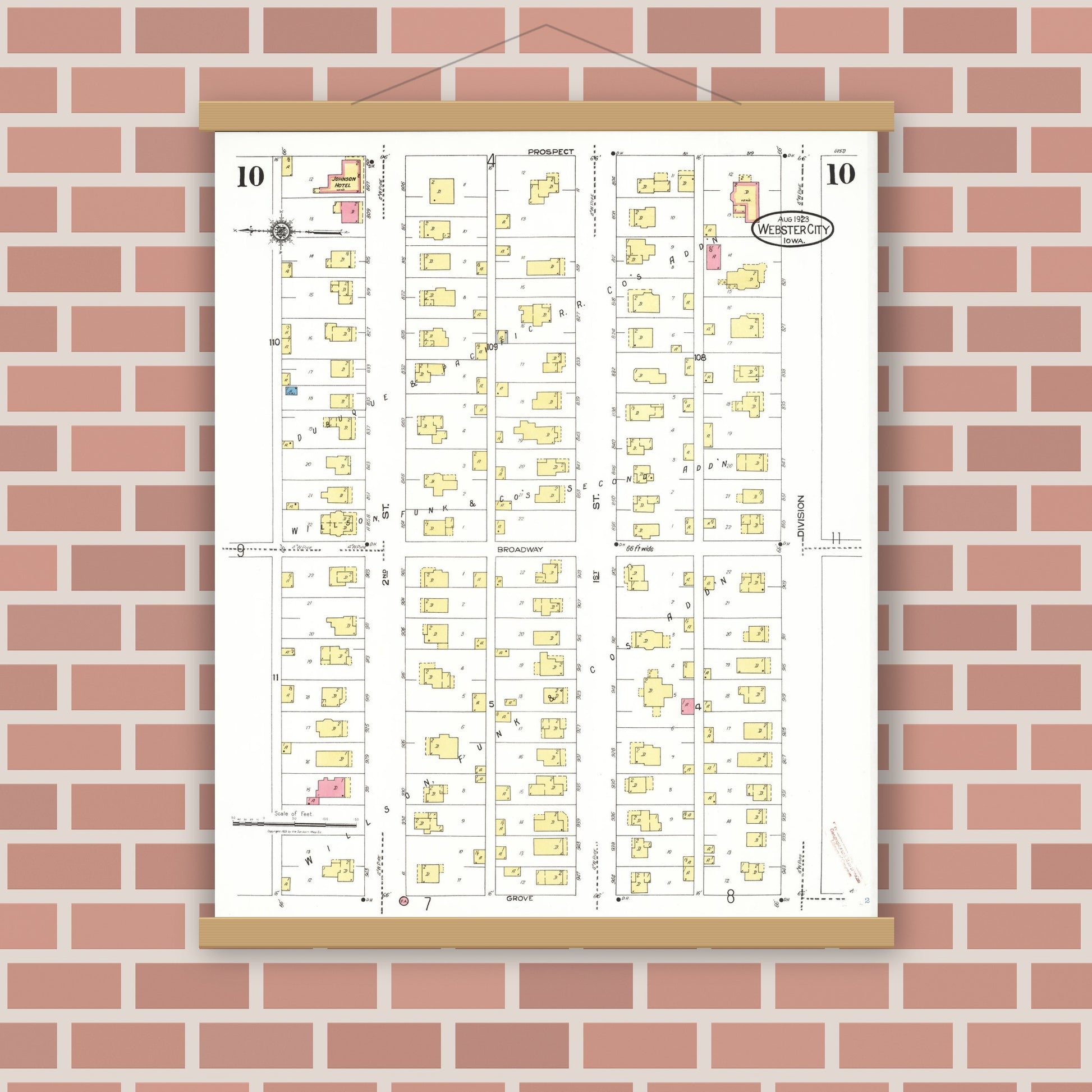 Old map wall art mockup — magnetic wood frame on brick wall — Sanborn Fire Insurance Map from Webster City, Hamilton County, Iowa (1923), Sheet #0010