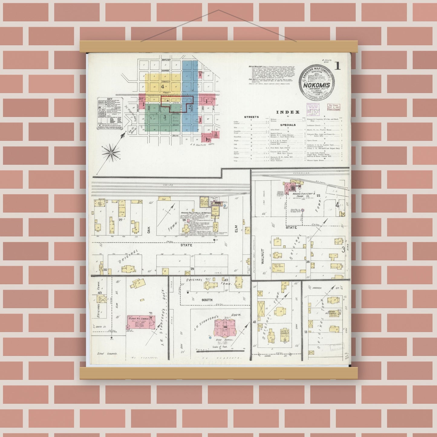 Old map wall art mockup — magnetic wood frame on brick wall — Sanborn Fire Insurance Map from Nokomis, Montgomery County, Illinois (1906) - Complete Map Set