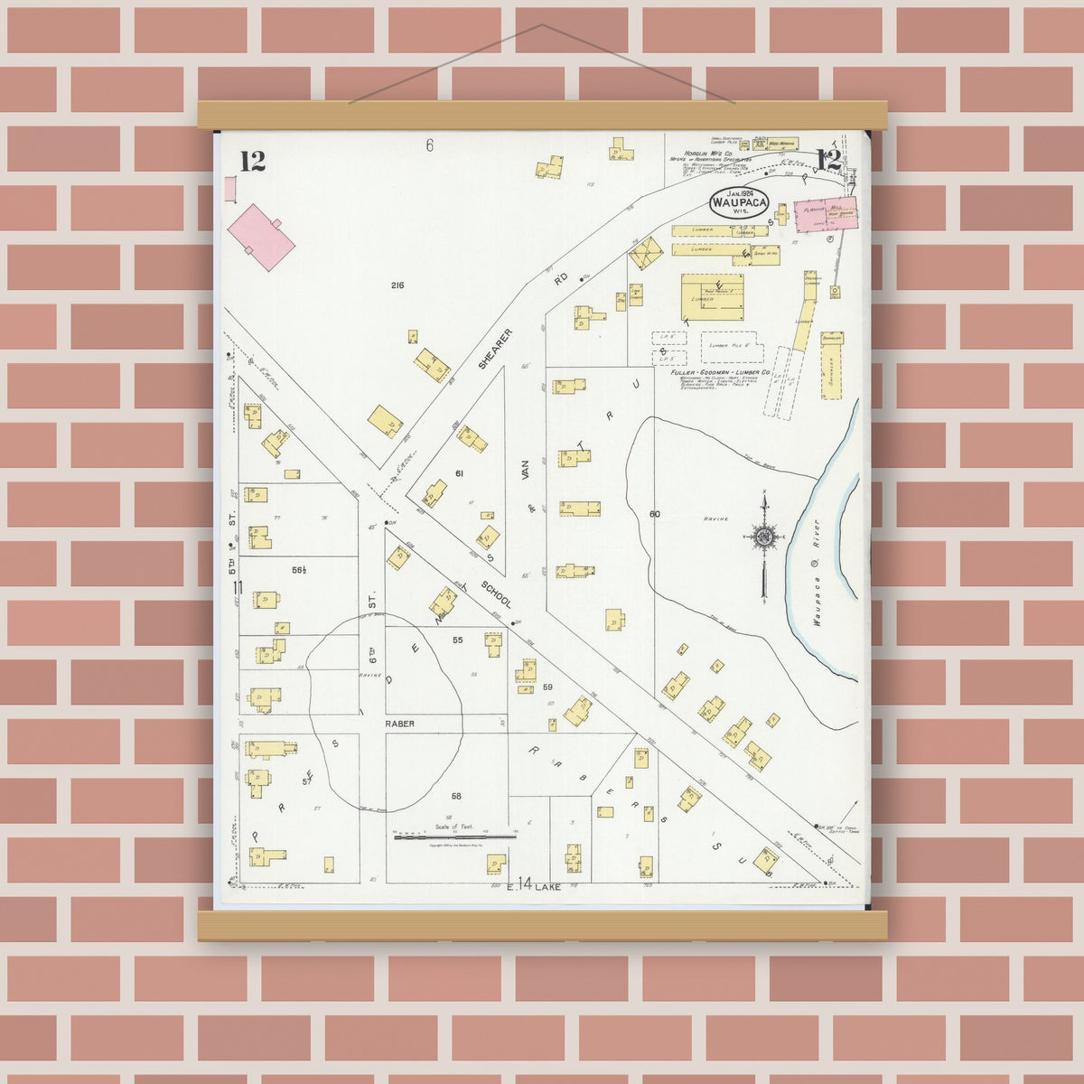 Old map wall art mockup — magnetic wood frame on brick wall — Sanborn Fire Insurance Map from Waupaca, Waupaca County, Wisconsin (1924), Sheet #0012
