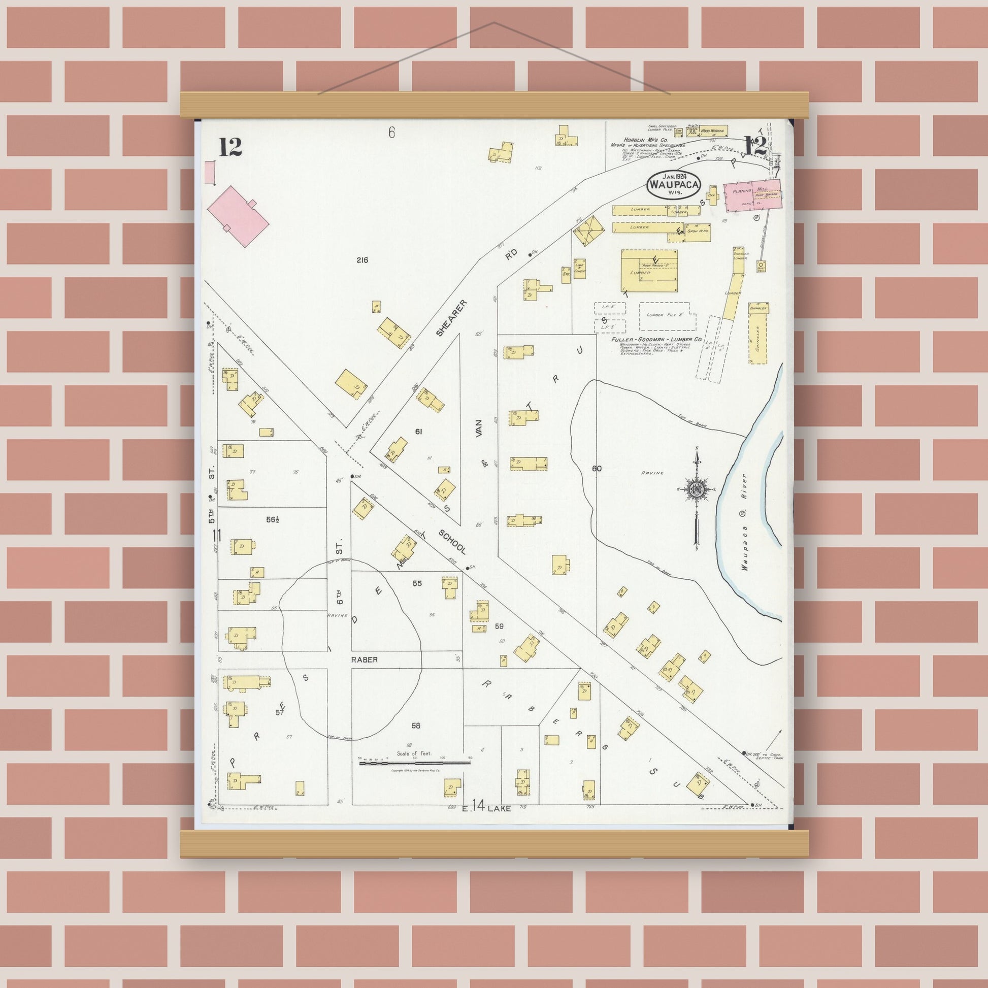 Old map wall art mockup — magnetic wood frame on brick wall — Sanborn Fire Insurance Map from Waupaca, Waupaca County, Wisconsin (1924), Sheet #0012