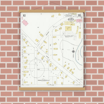 Old map wall art mockup — magnetic wood frame on brick wall — Sanborn Fire Insurance Map from Waupaca, Waupaca County, Wisconsin (1924), Sheet #0012
