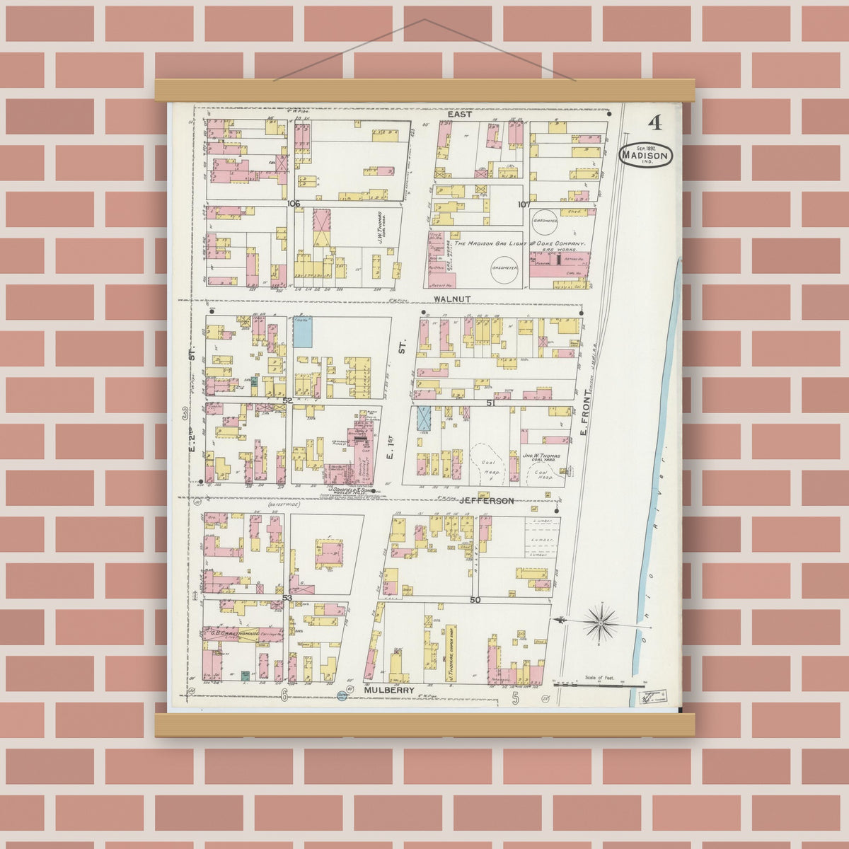 Old map wall art mockup — magnetic wood frame on brick wall — Sanborn Fire Insurance Map from Madison, Jefferson County, Indiana (1892), Sheet #0004