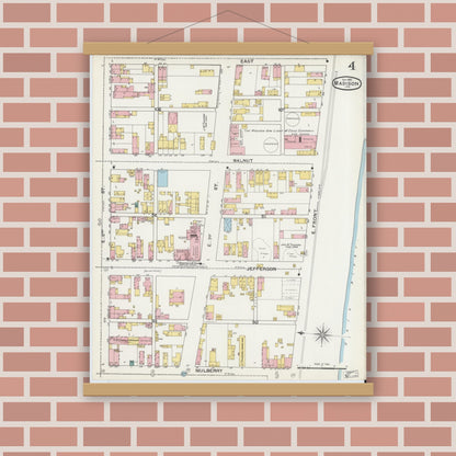 Old map wall art mockup — magnetic wood frame on brick wall — Sanborn Fire Insurance Map from Madison, Jefferson County, Indiana (1892), Sheet #0004