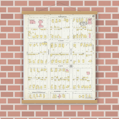 Old map wall art mockup — magnetic wood frame on brick wall — Sanborn Fire Insurance Map from Bluffton, Wells County, Indiana (1895), Sheet #0006