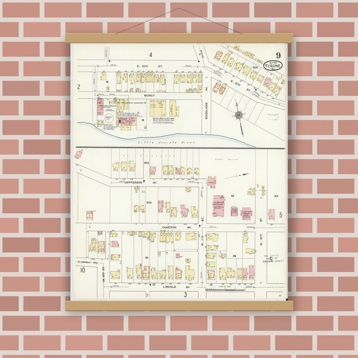 Old map wall art mockup — magnetic wood frame on brick wall — Sanborn Fire Insurance Map from Tyrone, Blair County, Pennsylvania (1911), Sheet #0009
