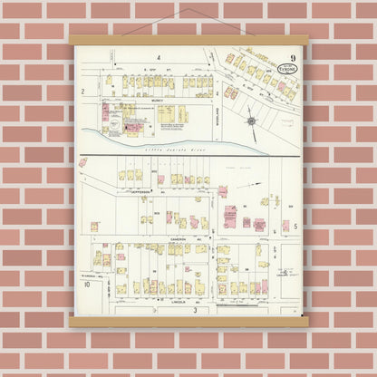 Old map wall art mockup — magnetic wood frame on brick wall — Sanborn Fire Insurance Map from Tyrone, Blair County, Pennsylvania (1911), Sheet #0009