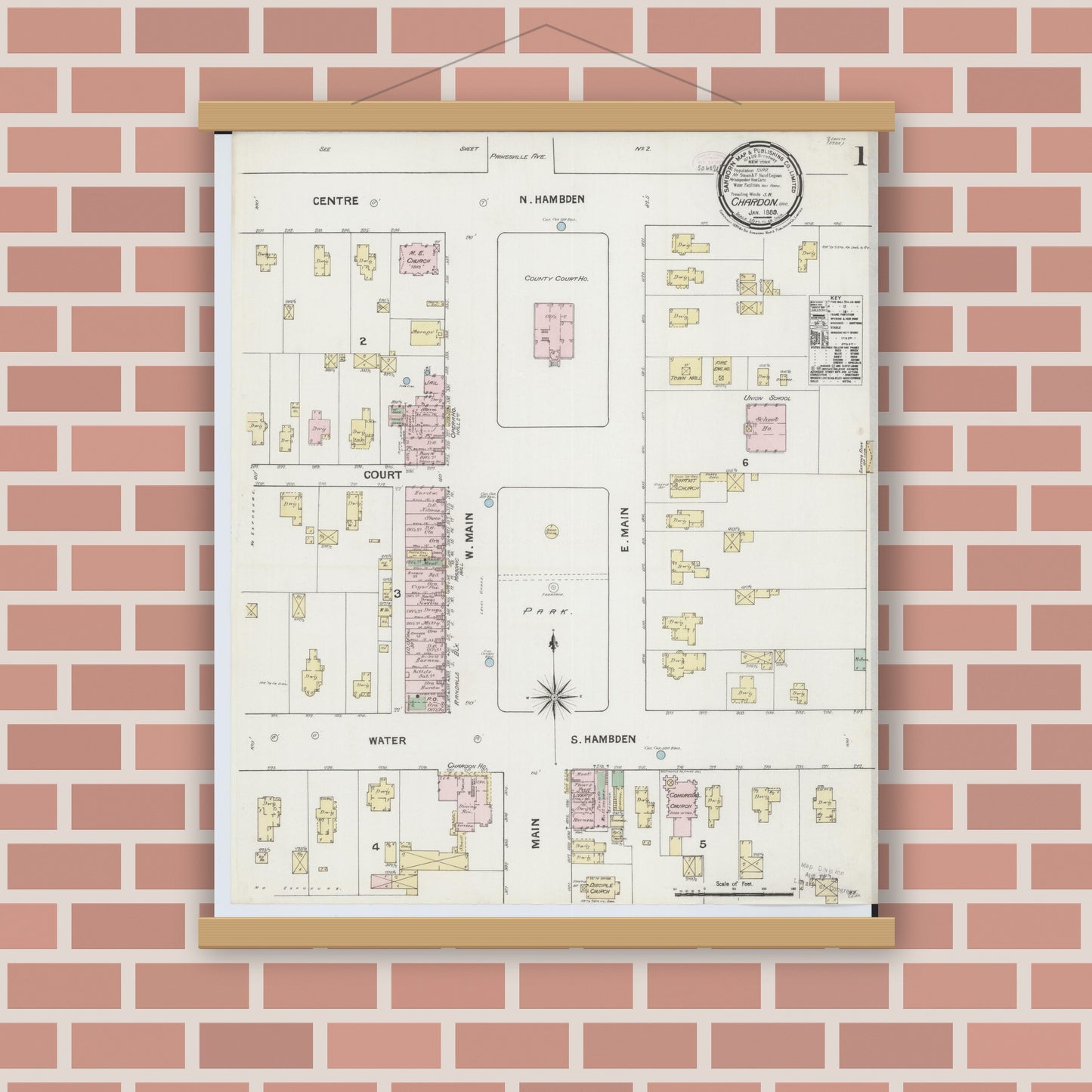 Old map wall art mockup — magnetic wood frame on brick wall — Sanborn Fire Insurance Map from Chardon, Geauga County, Ohio (1889) - Complete Map Set
