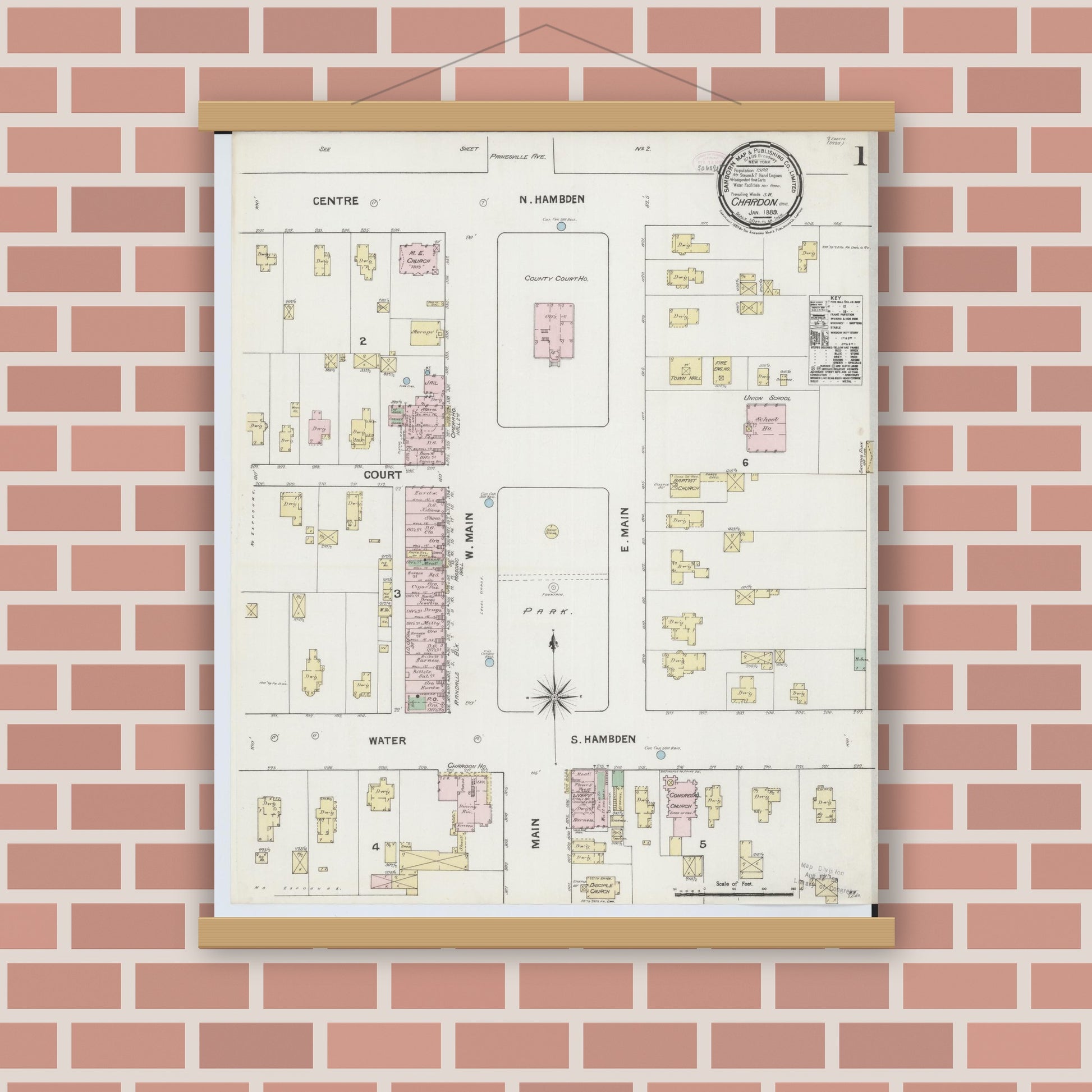 Old map wall art mockup — magnetic wood frame on brick wall — Sanborn Fire Insurance Map from Chardon, Geauga County, Ohio (1889) - Complete Map Set