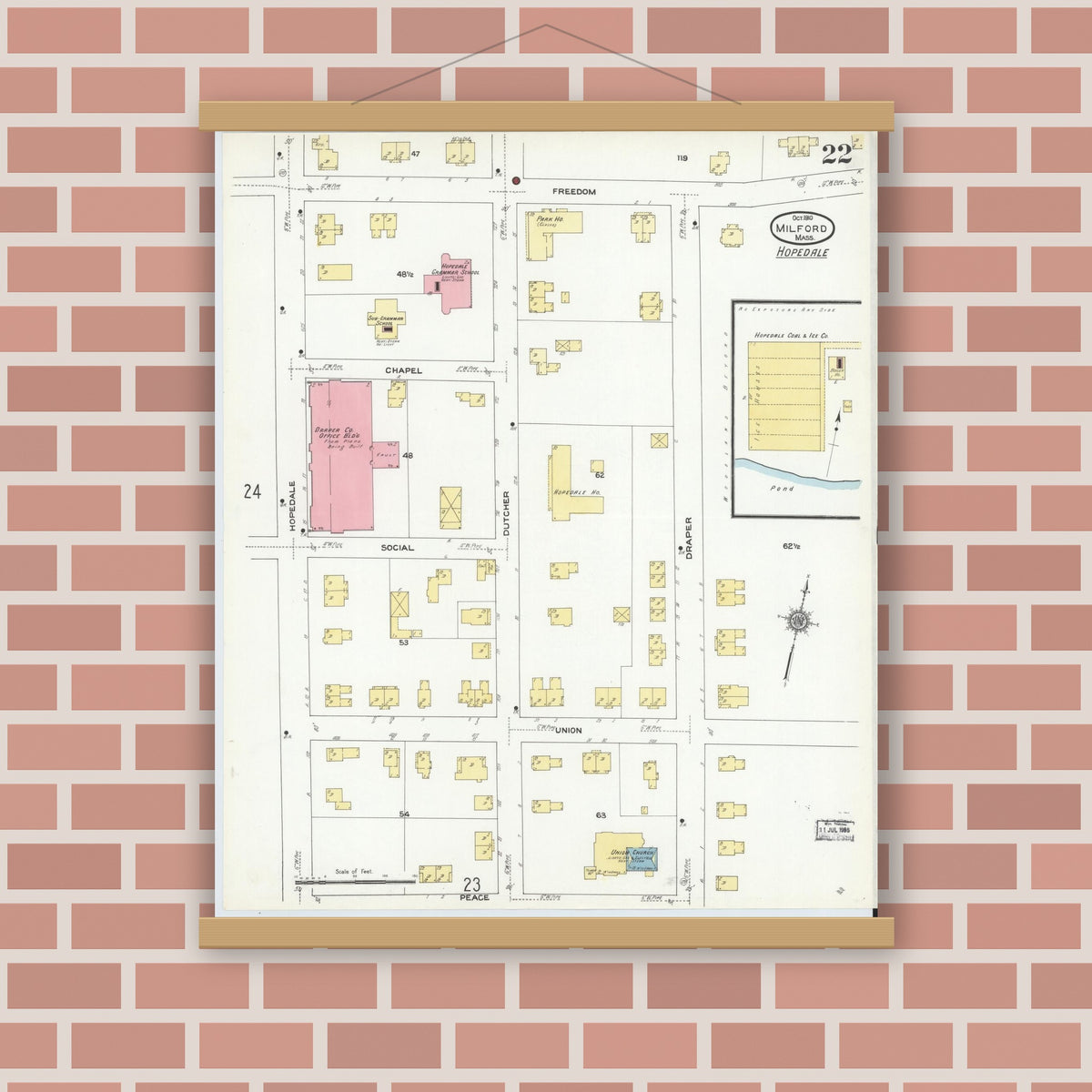 Old map wall art mockup — magnetic wood frame on brick wall — Sanborn Fire Insurance Map from Milford, Worcester County, Massachusetts (1910), Sheet #0022