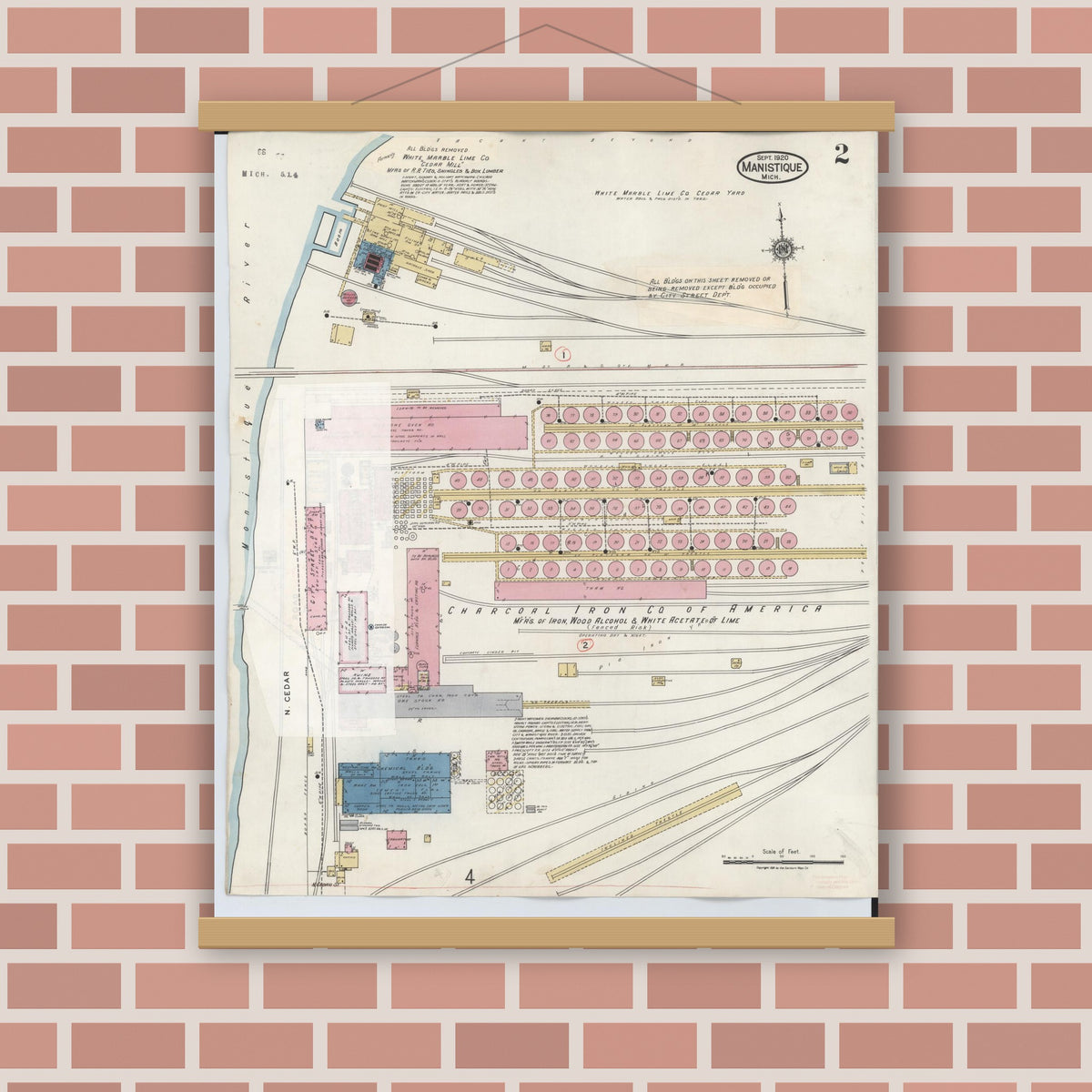 Old map wall art mockup — magnetic wood frame on brick wall — Sanborn Fire Insurance Map from Manistique, Schoolcraft County, Michigan (1950), Sheet #0002