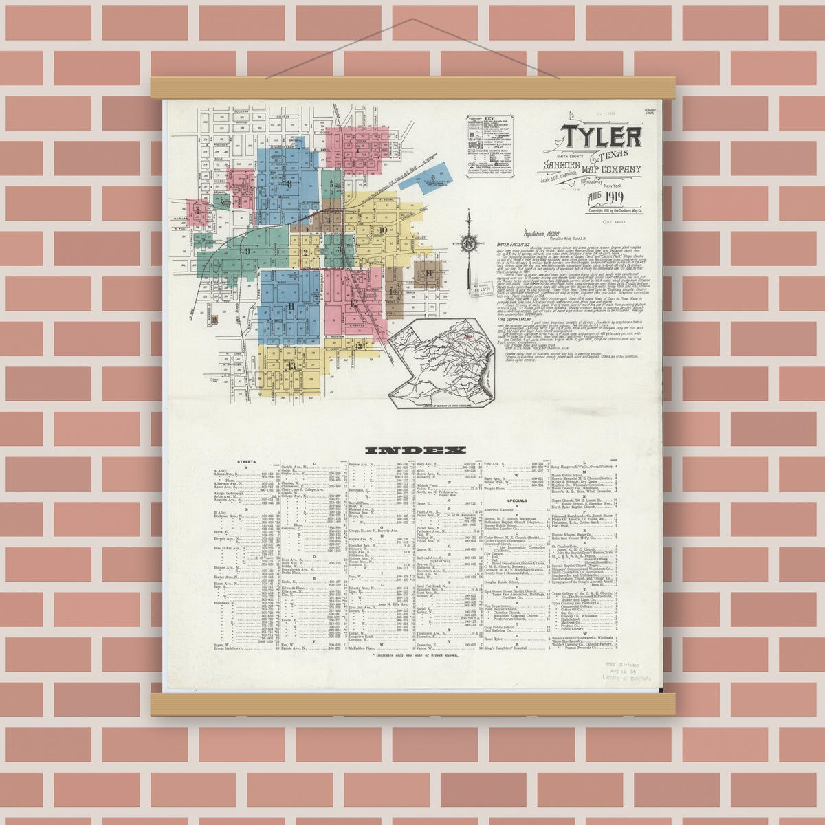 Old map wall art mockup — magnetic wood frame on brick wall — Sanborn Fire Insurance Map from Tyler, Smith County, Texas (1919), Sheet #0001