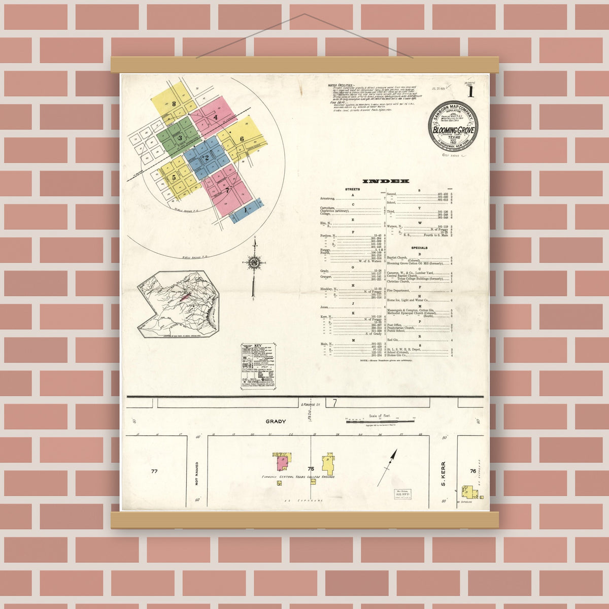 Old map wall art mockup — magnetic wood frame on brick wall — Sanborn Fire Insurance Map from Blooming Grove, Navarro County, Texas (1921), Sheet #0001