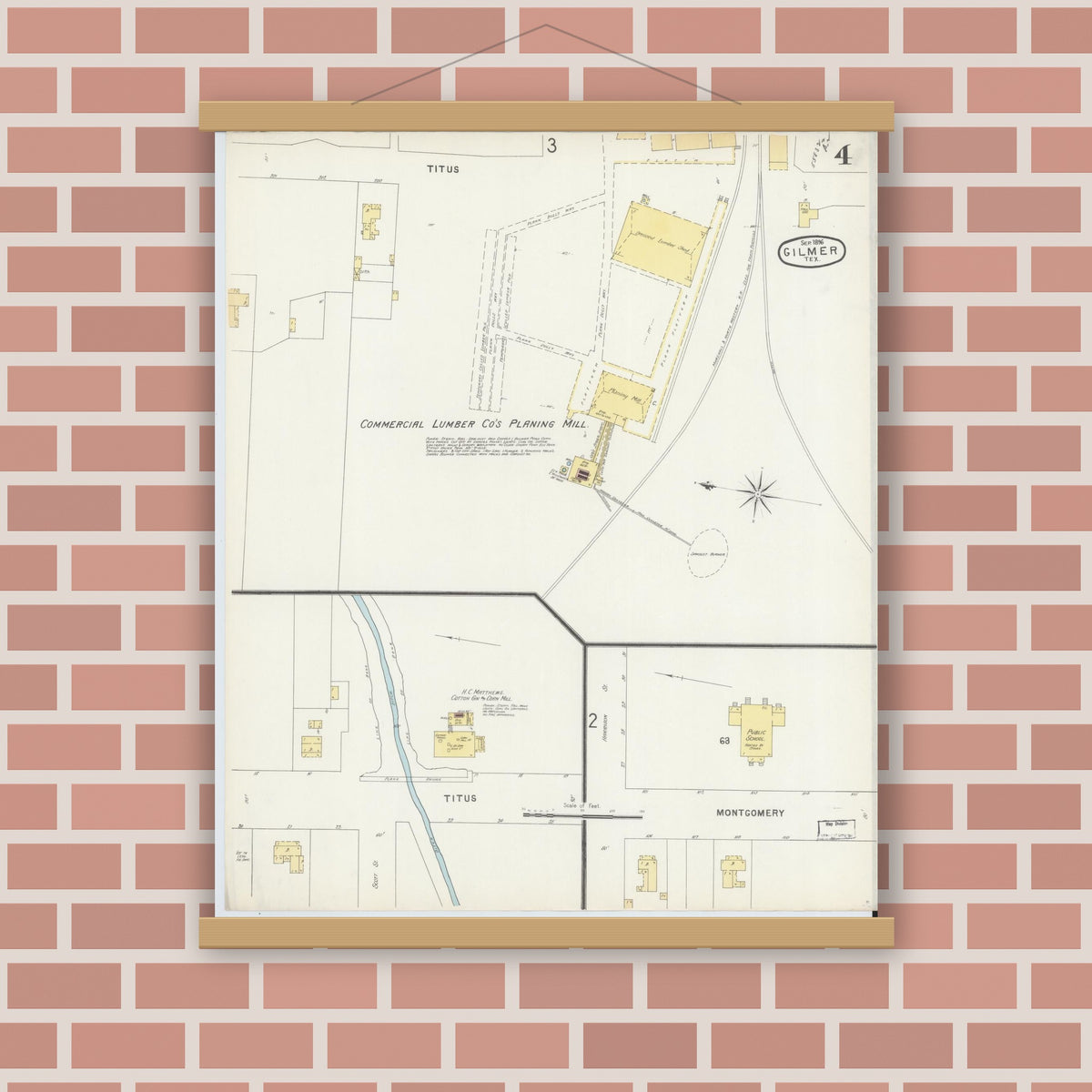 Old map wall art mockup — magnetic wood frame on brick wall — Sanborn Fire Insurance Map from Gilmer, Upshur County, Texas (1896), Sheet #0004