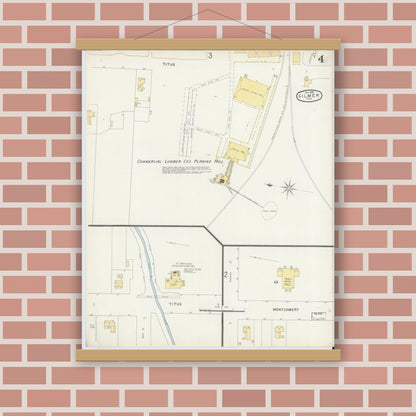 Old map wall art mockup — magnetic wood frame on brick wall — Sanborn Fire Insurance Map from Gilmer, Upshur County, Texas (1896), Sheet #0004