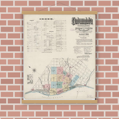 Old map wall art mockup — magnetic wood frame on brick wall — Sanborn Fire Insurance Map from Columbia, Lancaster County, Pennsylvania (1886) - Complete Map Set