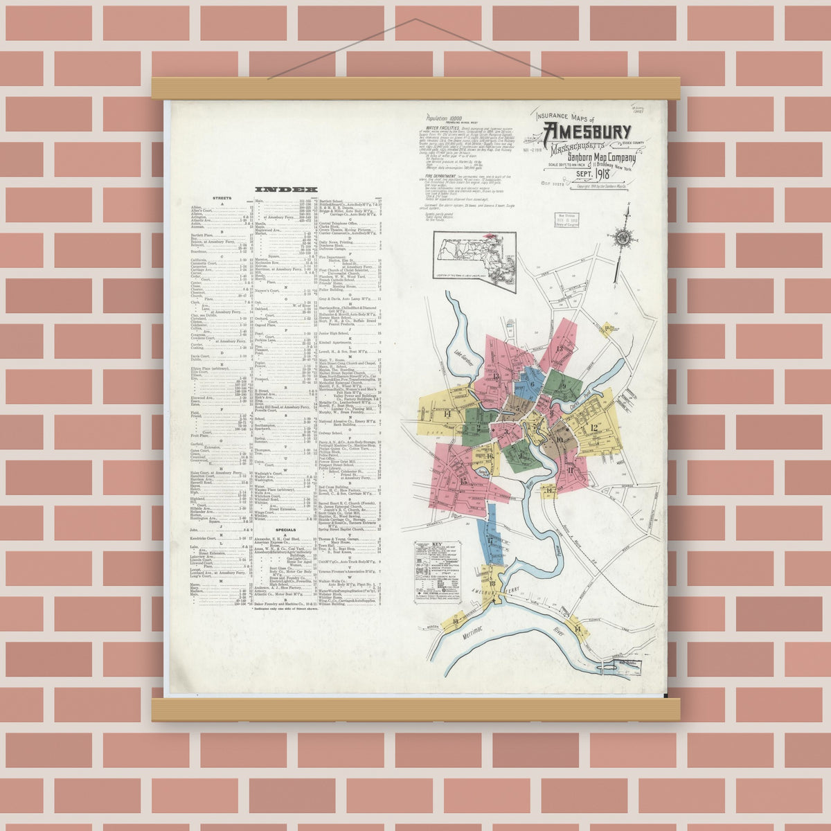 Old map wall art mockup — magnetic wood frame on brick wall — Sanborn Fire Insurance Map from Amesbury, Essex County, Massachusetts (1918) - Complete Map Set