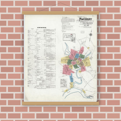 Old map wall art mockup — magnetic wood frame on brick wall — Sanborn Fire Insurance Map from Amesbury, Essex County, Massachusetts (1918) - Complete Map Set