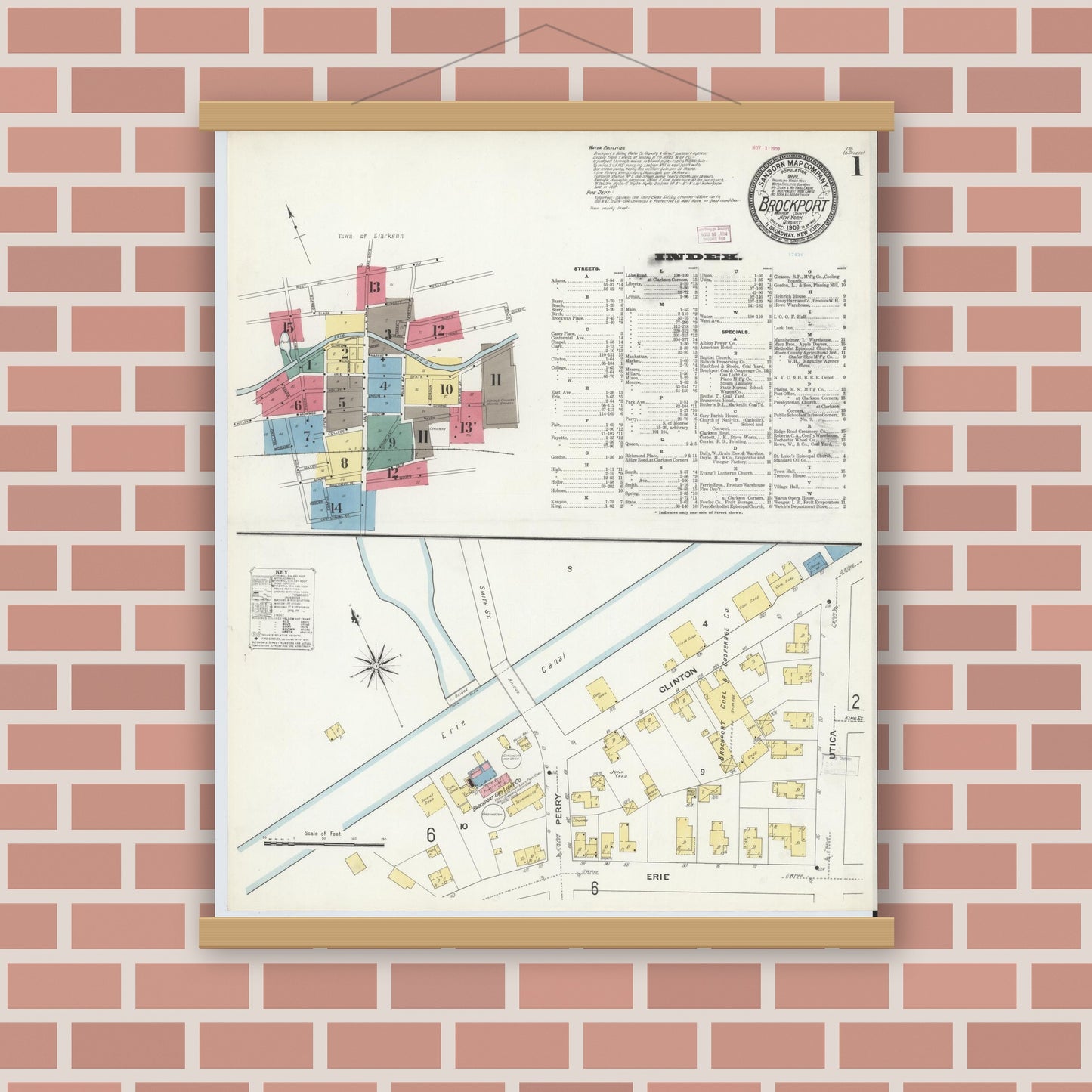 Old map wall art mockup — magnetic wood frame on brick wall — Sanborn Fire Insurance Map from Brockport, Monroe County, New York (1909) - Complete Map Set