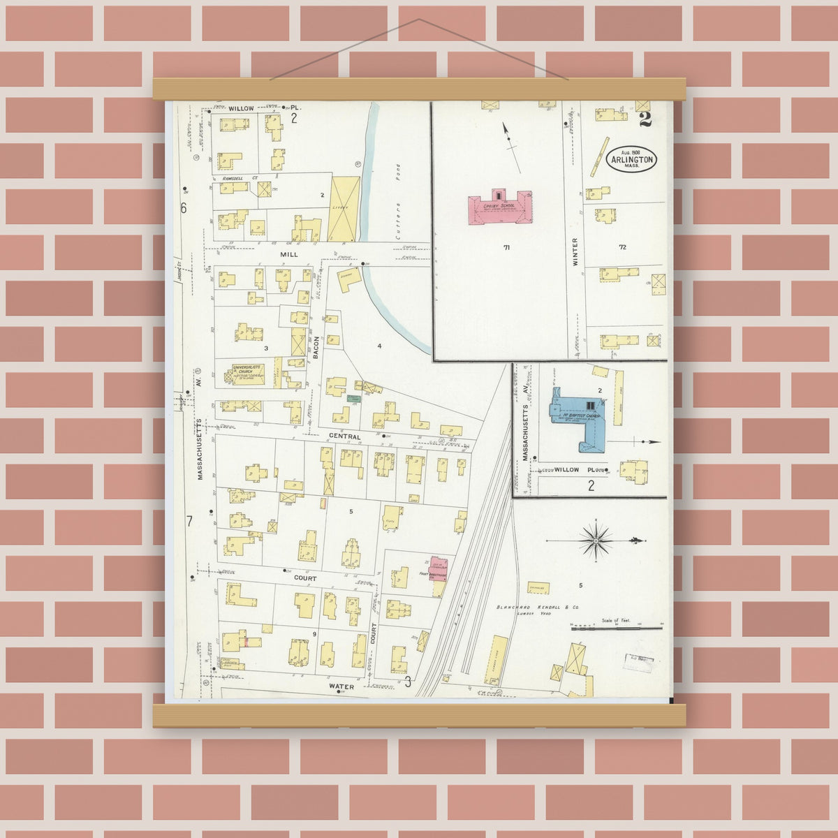 Old map wall art mockup — magnetic wood frame on brick wall — Sanborn Fire Insurance Map from Arlington, Middlesex County, Massachusetts (1908), Sheet #0002