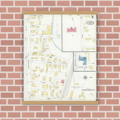 Old map wall art mockup — magnetic wood frame on brick wall — Sanborn Fire Insurance Map from Arlington, Middlesex County, Massachusetts (1908), Sheet #0002