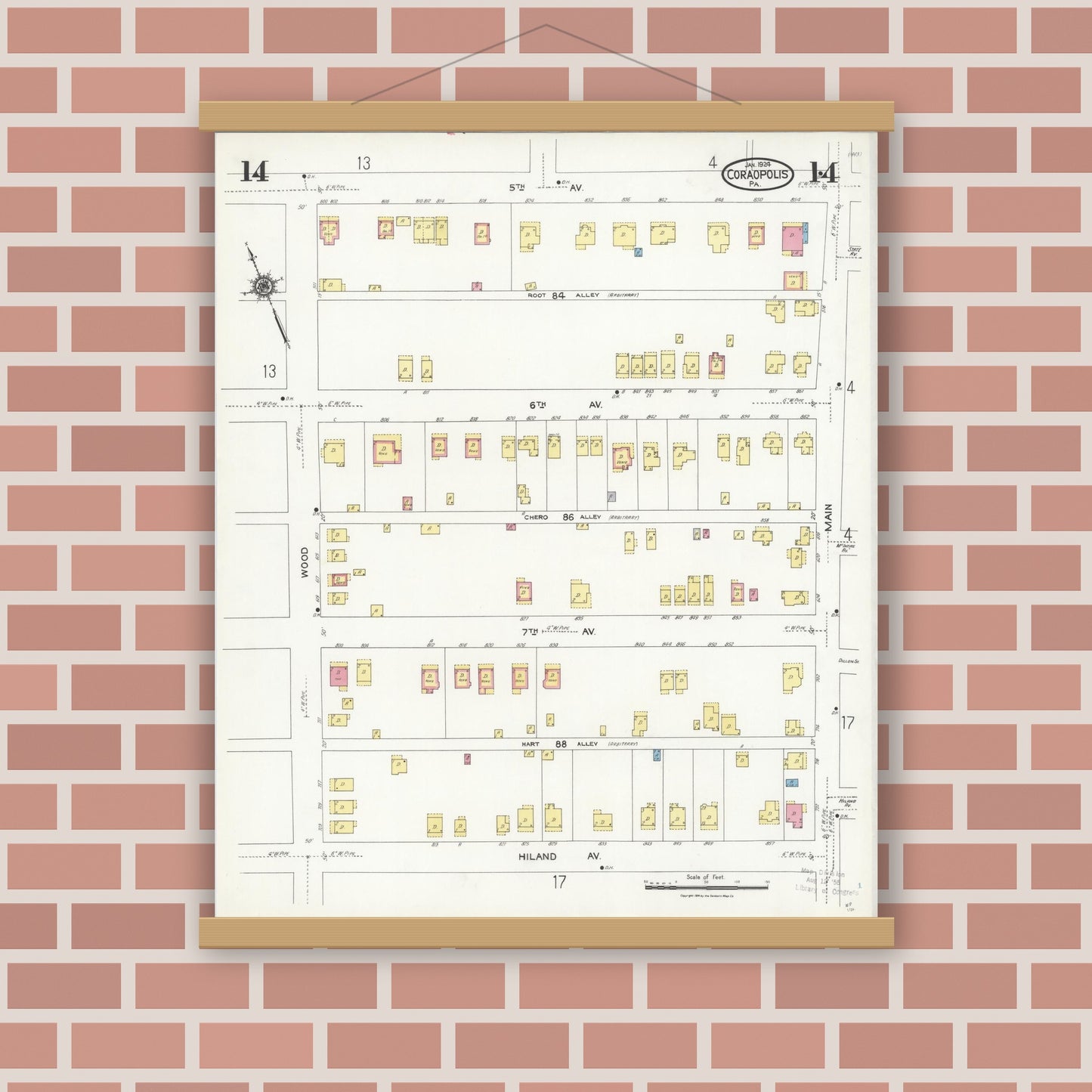Old map wall art mockup — magnetic wood frame on brick wall — Sanborn Fire Insurance Map from Coraopolis, Allegheny County, Pennsylvania (1924), Sheet #0014