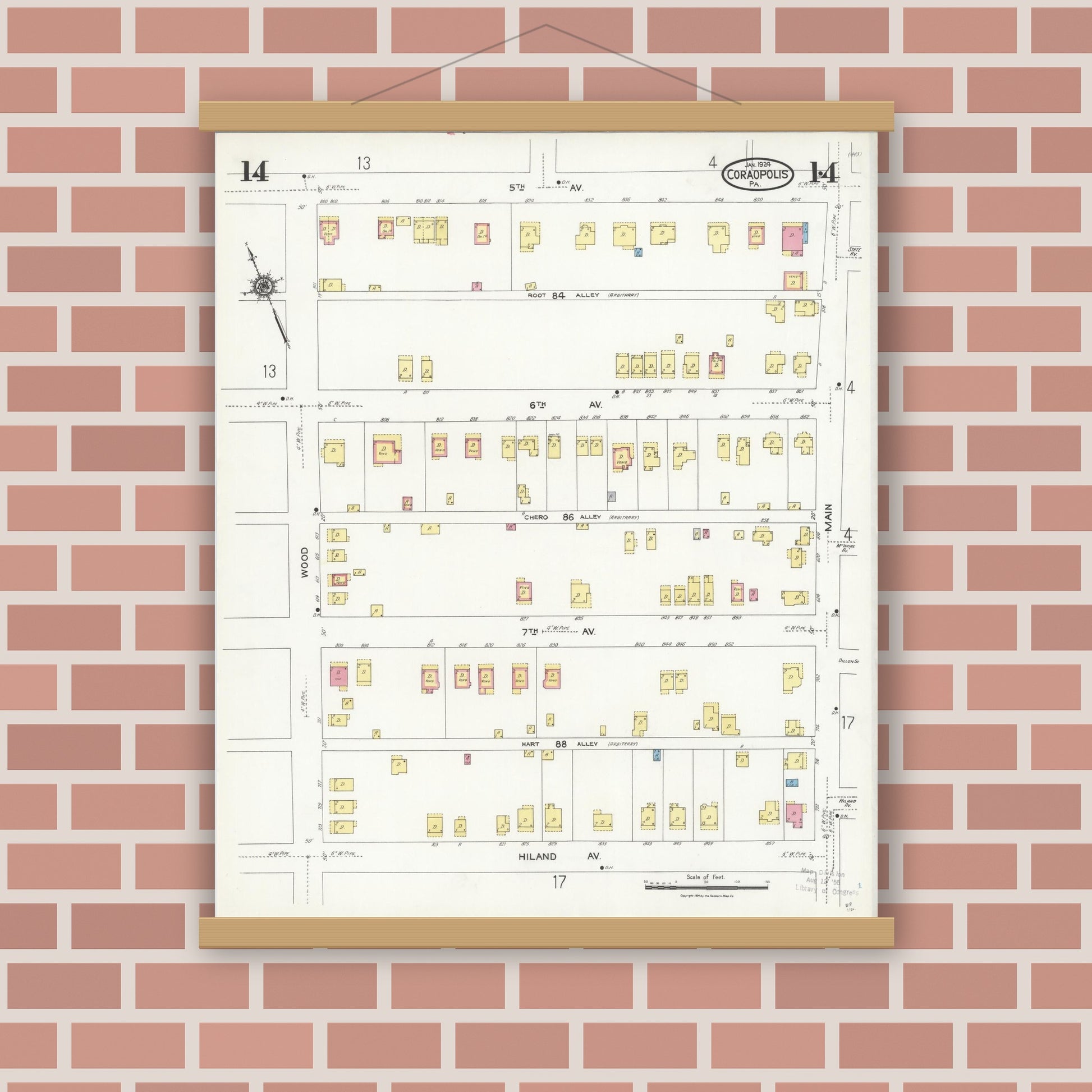 Old map wall art mockup — magnetic wood frame on brick wall — Sanborn Fire Insurance Map from Coraopolis, Allegheny County, Pennsylvania (1924), Sheet #0014