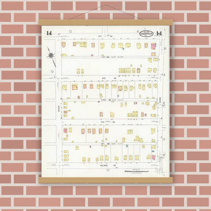 Old map wall art mockup — magnetic wood frame on brick wall — Sanborn Fire Insurance Map from Coraopolis, Allegheny County, Pennsylvania (1924), Sheet #0014