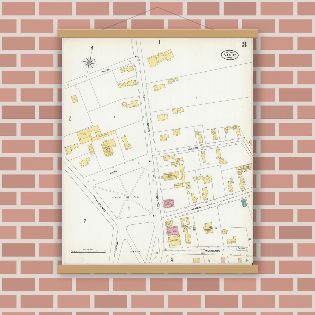 Old map wall art mockup — magnetic wood frame on brick wall — Sanborn Fire Insurance Map from Barre, Worcester County, Massachusetts (1905), Sheet #0003