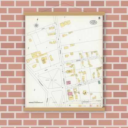 Old map wall art mockup — magnetic wood frame on brick wall — Sanborn Fire Insurance Map from Barre, Worcester County, Massachusetts (1905), Sheet #0003