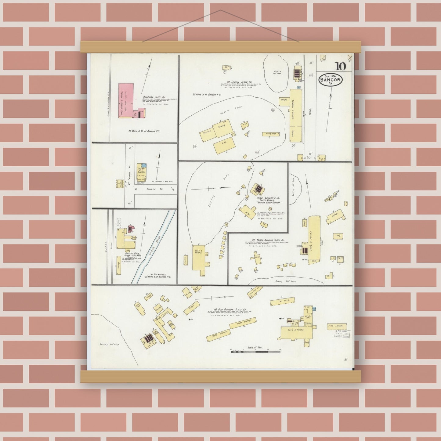 Old map wall art mockup — magnetic wood frame on brick wall — Sanborn Fire Insurance Map from Bangor, Northampton County, Pennsylvania (1904), Sheet #0010