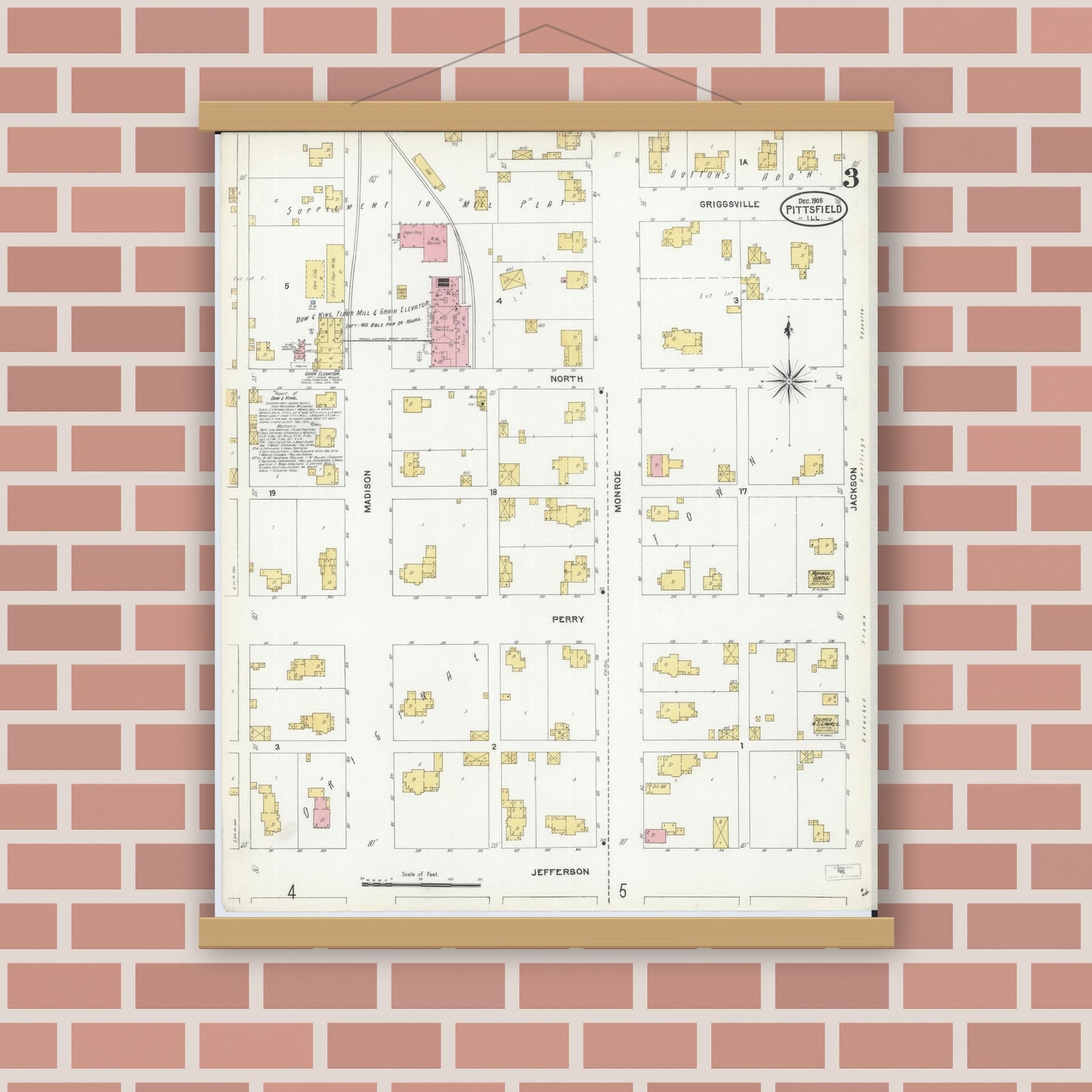 Old map wall art mockup — magnetic wood frame on brick wall — Sanborn Fire Insurance Map from Pittsfield, Pike County, Illinois (1905), Sheet #0003