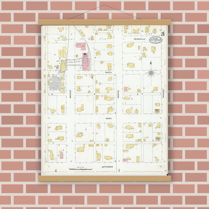 Old map wall art mockup — magnetic wood frame on brick wall — Sanborn Fire Insurance Map from Pittsfield, Pike County, Illinois (1905), Sheet #0003