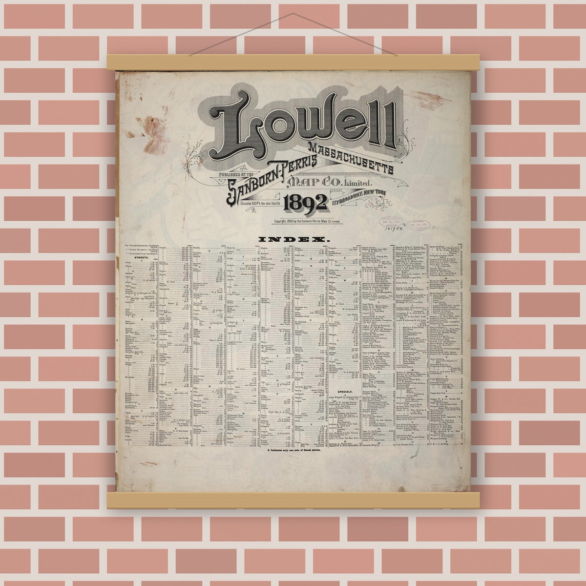 Old map wall art mockup — magnetic wood frame on brick wall — Sanborn Fire Insurance Map from Lowell, Middlesex County, Massachusetts (1892), Sheet #0001